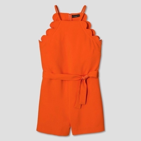 Victoria Beckham Women's Orange Scallop Tie Waist Romper Size 1X - Picture 1 of 11